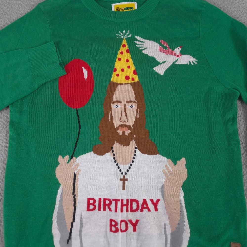 Tipsy Elves Sweater Mens XL Green Birthday Boy Jesus Graphic Knit‎ Long Sleeve